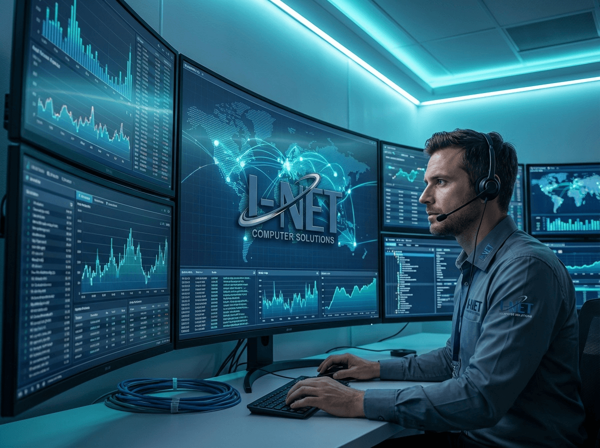 Technician monitoring real-time dashboards for network management and support services