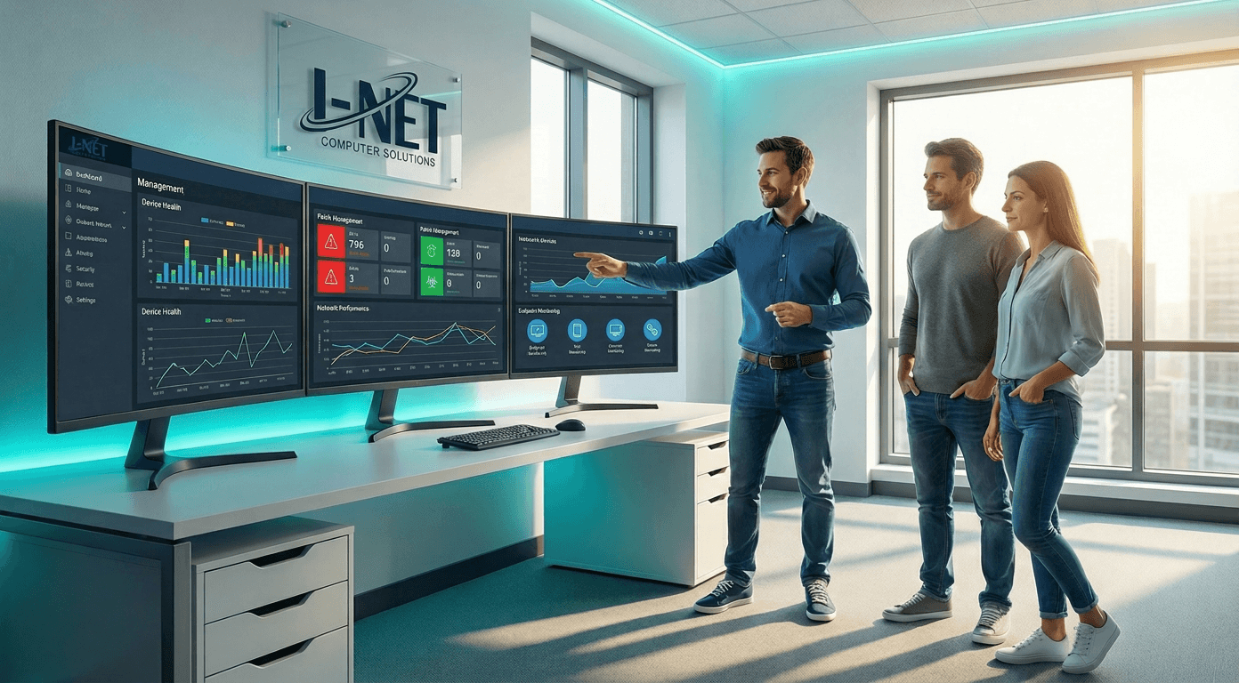 IT consultant showing business owners a central monitoring dashboard with real-time device health and crypto charts
